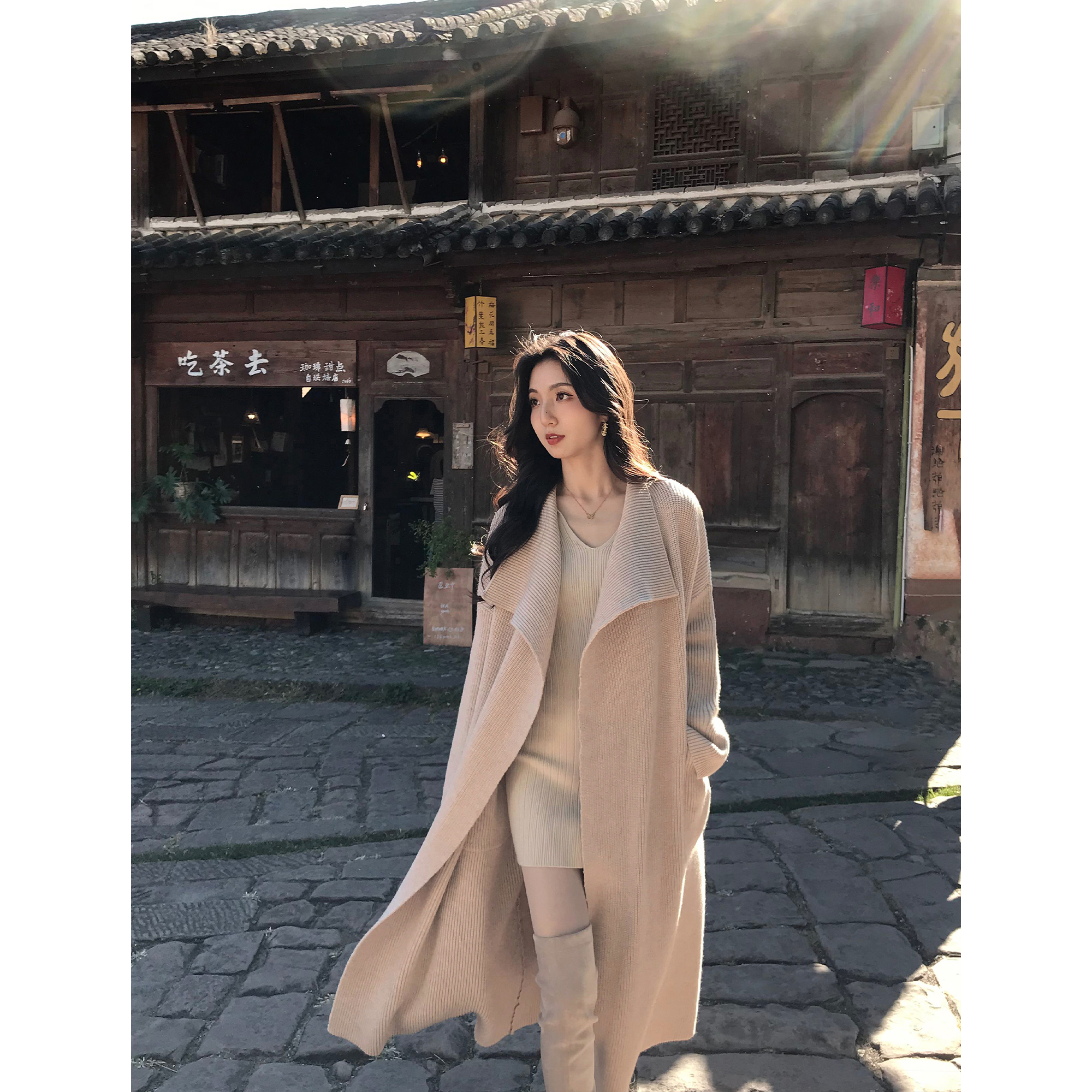 MULVAN 巴黎秋霜 简约大翻领系带毛衣外套女慵懒宽松显瘦针织开衫