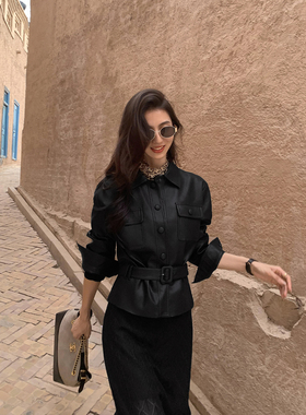 MULVAN 【现货7折】休斯顿街区 帅气黑色pu皮衣短外套夹克机车服