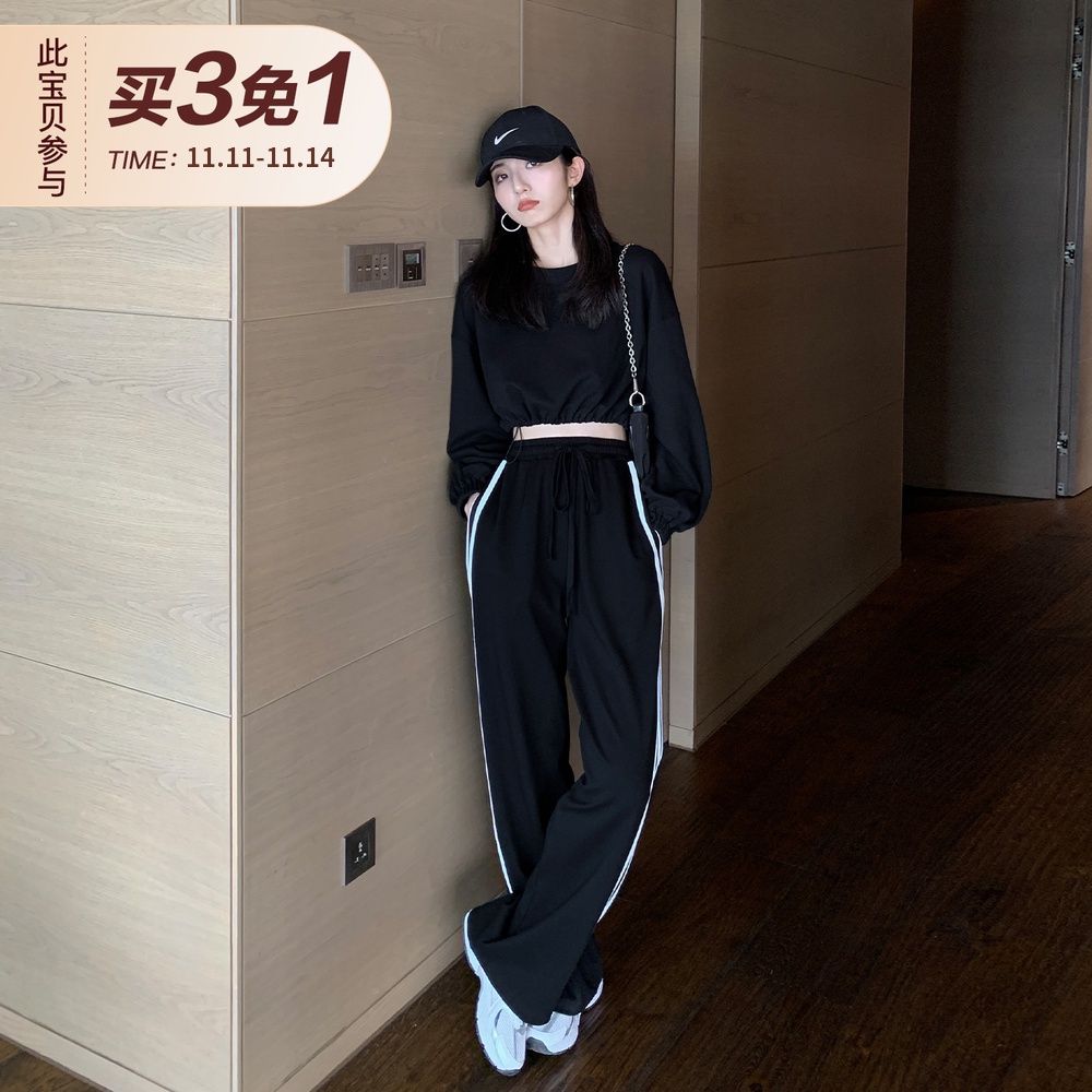 MULVAN 三杠灰色运动裤女秋季薄款宽松显瘦高腰阔腿拖地休闲长裤