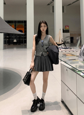 MULVAN 灰色麻花V领马甲女开衫秋冬百搭叠穿针织无袖毛衣背心上衣