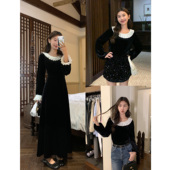 法式 MULVAN 现货7折 黑色丝绒连衣裙女高级木耳边气质收腰长裙