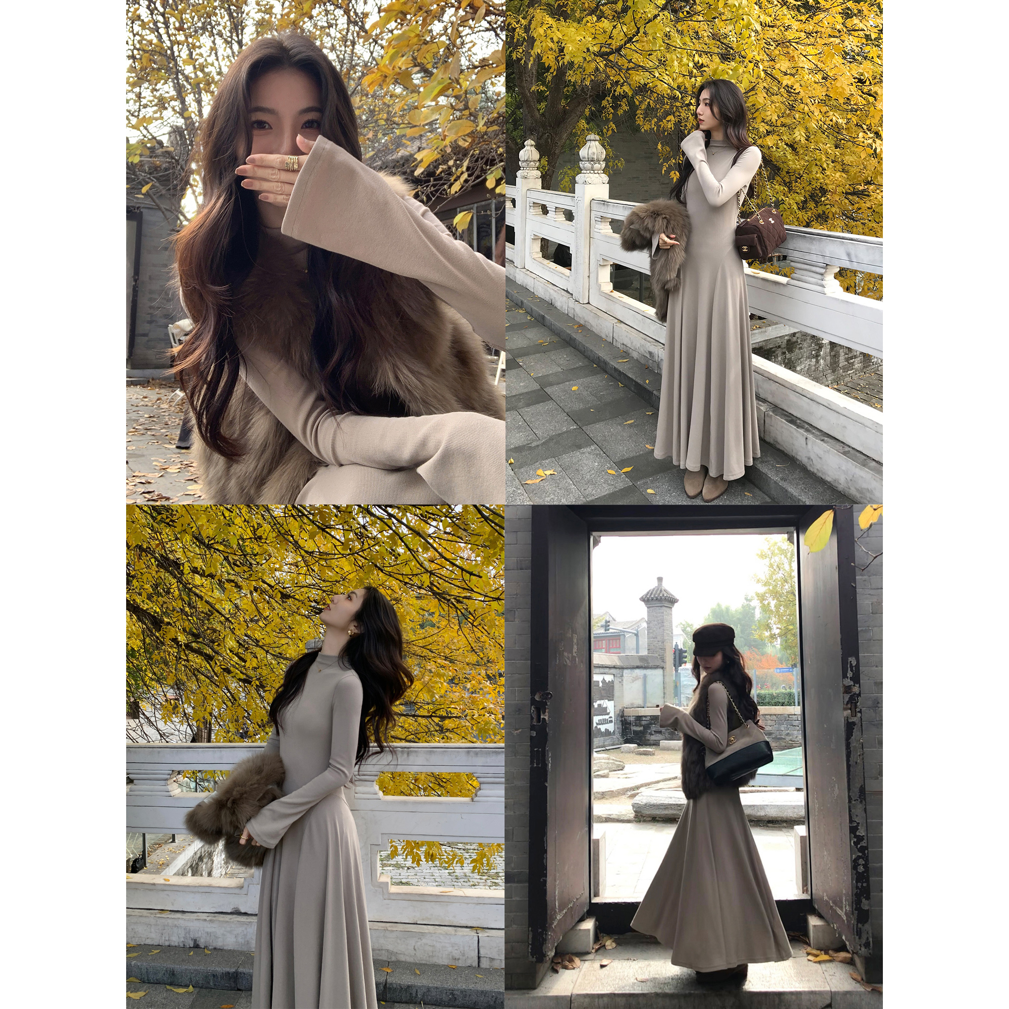 MULVAN 爱枫林晚 半高领针织连衣裙女气质收腰喇叭袖内搭打底裙