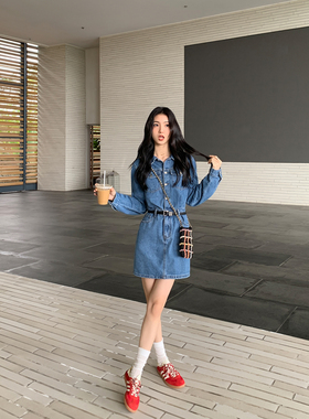 MULVAN 【现货6.5折】蓝色牛仔连衣裙女港风复古气质收腰包臀短裙