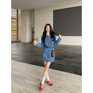 MULVAN 蓝色牛仔连衣裙女港风复古气质收腰包臀短裙 现货6.5折