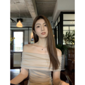 小众气质修身 MULVAN 一字肩针织t恤女夏季 显瘦辣妹露肩锁骨上衣