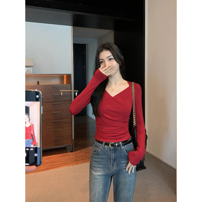 百搭交叉T恤修身针织上衣