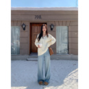 对牛仔爱不完 女直筒裤 拿捏版 蓝色高腰宽松阔腿牛仔裤 型 MULVAN