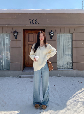 MULVAN 【现货7折】对牛仔爱不完！拿捏版型~蓝色高腰宽松直筒裤