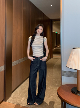 MULVAN 穿搭不费力 原色牛仔裤女夏季深蓝色宽松直筒复古阔腿裤