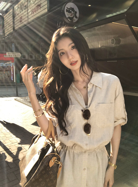 MULVAN 老钱定调 莱赛尔亚麻短袖翻领衬衫女慵懒宽松抽绳收腰衬衣