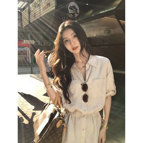 MULVAN莱赛尔亚麻短袖翻领衬衫