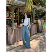 蓝色复古阔腿牛仔裤 女新款 宽松直筒拖地裤 MULVAN 显瘦长裤