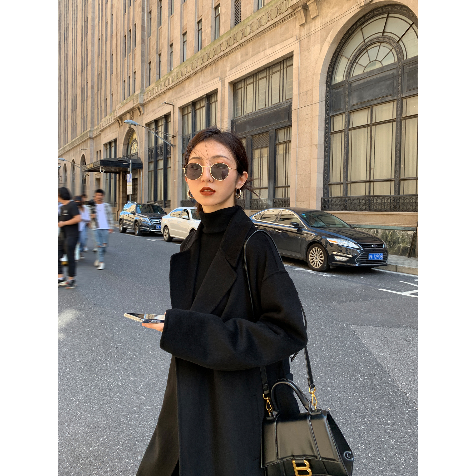 MULVAN 黑色双面呢外套女冬新款气质显瘦中长款过膝韩系毛呢大衣
