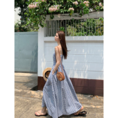 法式 MULVAN 格子吊带连衣裙女新款 复古气质收腰显瘦度假长裙