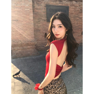 修身 MULVAN t恤女性感外穿短款 镂空露背带胸垫无袖 背心 进阶辣妹