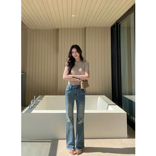 女竹节纹重工洗水拖地长裤 复古高腰微喇牛仔裤 解构slay MULVAN