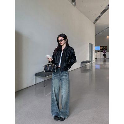 美式复古阔腿牛仔裤低腰直筒长裤