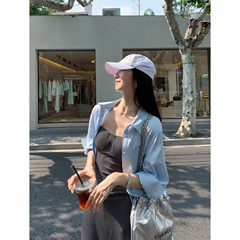 MULVAN 蓝色衬衫女宽松设计感小众泡泡袖气质衬衣中袖高级感上衣