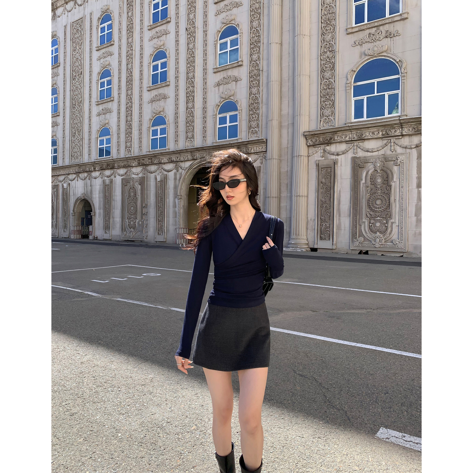 MULVAN  idol比例   黑色a字毛呢半身裙女包臀短裙高腰气质裙子