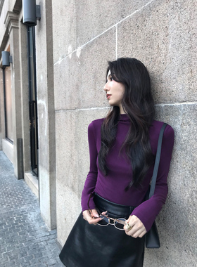 MULVAN 随性慵懒 半高领长袖T恤女打底针织衫修身显瘦休闲上衣