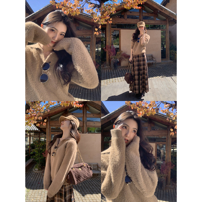 MULVAN 松弛巧兹 气质V领套头毛衣女软糯保暖POLO领长袖针织上衣