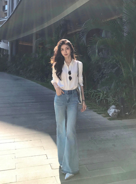 MULVAN 超模攻略 浅蓝色散边微喇牛仔裤女休闲直筒修身喇叭长裤子