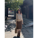 MULVAN 日落长河 复古麂皮高腰半身裙女可拆腰带咖色气质直筒中裙