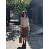 MULVAN 日落长河 复古麂皮高腰半身裙女可拆腰带咖色气质直筒中裙