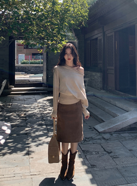 MULVAN 日落长河 复古麂皮高腰半身裙女可拆腰带咖色气质直筒中裙