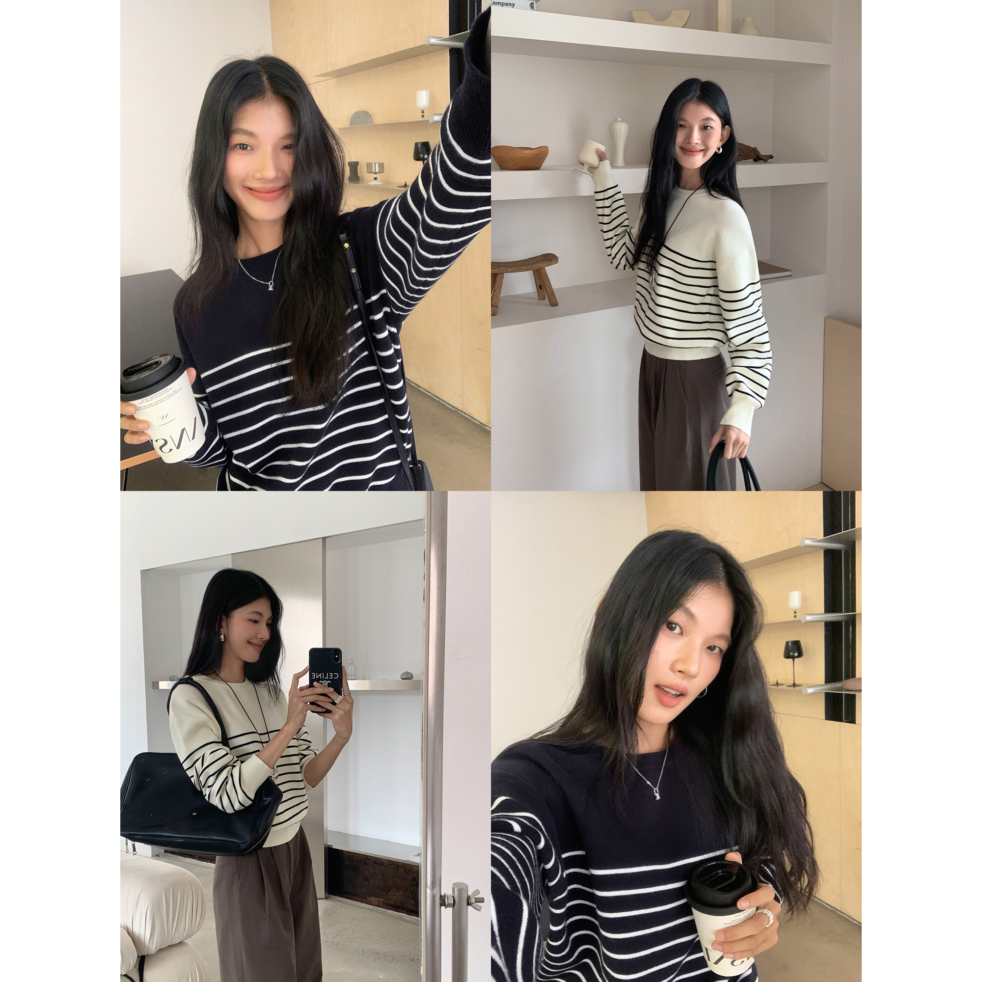 百搭简约针织衫圆领条纹毛衣