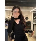 慵懒缪斯 优雅V领长袖 针织衫 MULVAN 女设计感挂脖修身 打底上衣