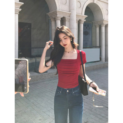 MULVAN 心机修身T 方领自带胸垫短袖T恤女褶皱设计感辣妹短款上衣
