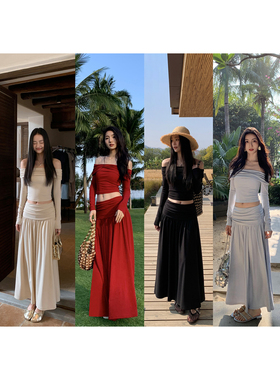 MULVAN 【现货7折】度假jue美~香软一字肩长袖上衣半身裙两件套