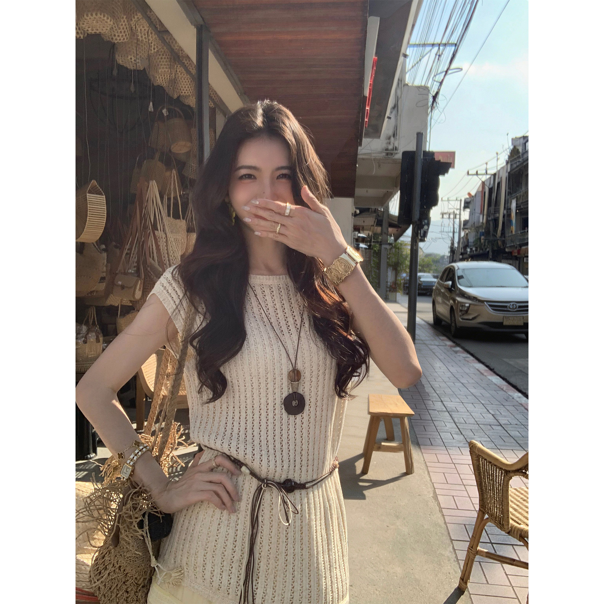 MULVAN 云舒风浅 度假风镂空圆领针织衫女配腰带防晒罩衫短袖上衣