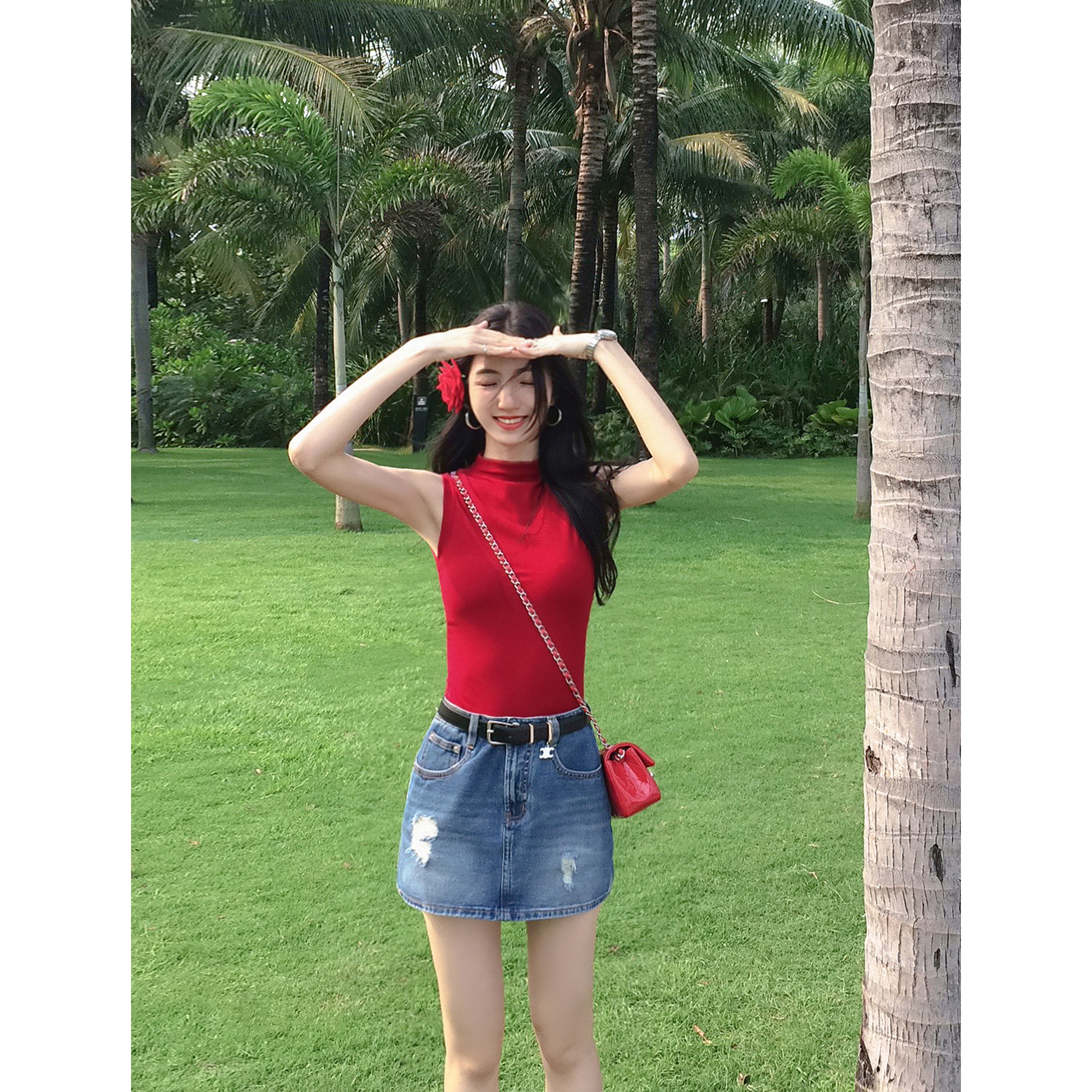MULVAN 破洞牛仔半身裙女设计感高腰显瘦裙裤a字包臀短裙子防走光