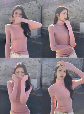 MULVAN【现货7.5折】灰色高领羊毛针织衫女秋冬显瘦打底衫上衣