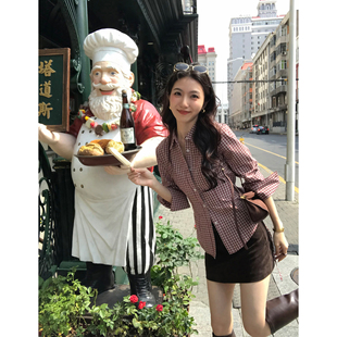 女修身 MULVAN 衬衫 复古格纹收腰长袖 格子衬衣叠穿上衣 旅行胶片