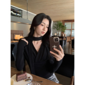 MULVAN 气质显瘦飘带针织打底衫 黑色短款 v领上衣女秋冬设计感修身