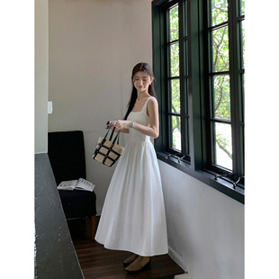 MULVAN 方领背心裙收腰显瘦a字拼接长裙 白色吊带连衣裙女春夏法式