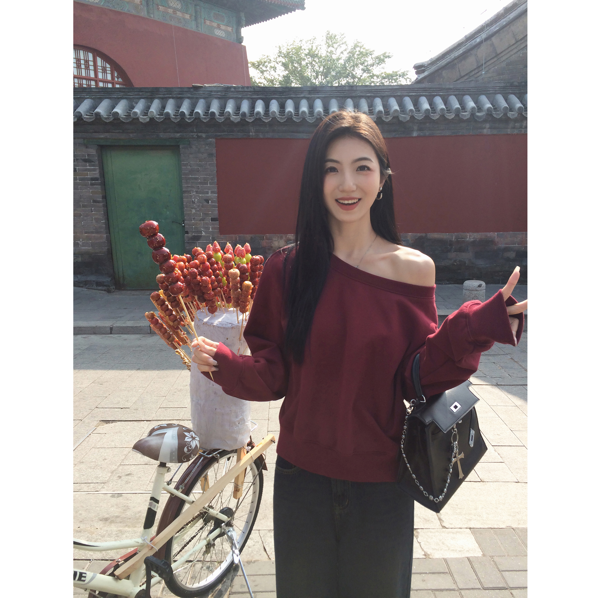 两穿斜肩卫衣女宽松套头上衣
