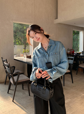 MULVAN 【现货6折】蓝色复古牛仔衬衫女宽松设计感小众休闲外套