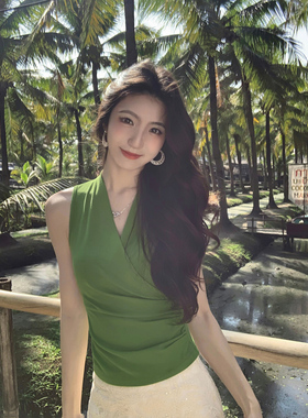 MULVAN 极简韵调 交叉V领针织背心女外穿修身收腰无袖t恤气质上衣