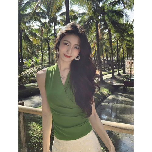 MULVAN 极简韵调 交叉V领针织背心女外穿修身收腰无袖t恤气质上衣