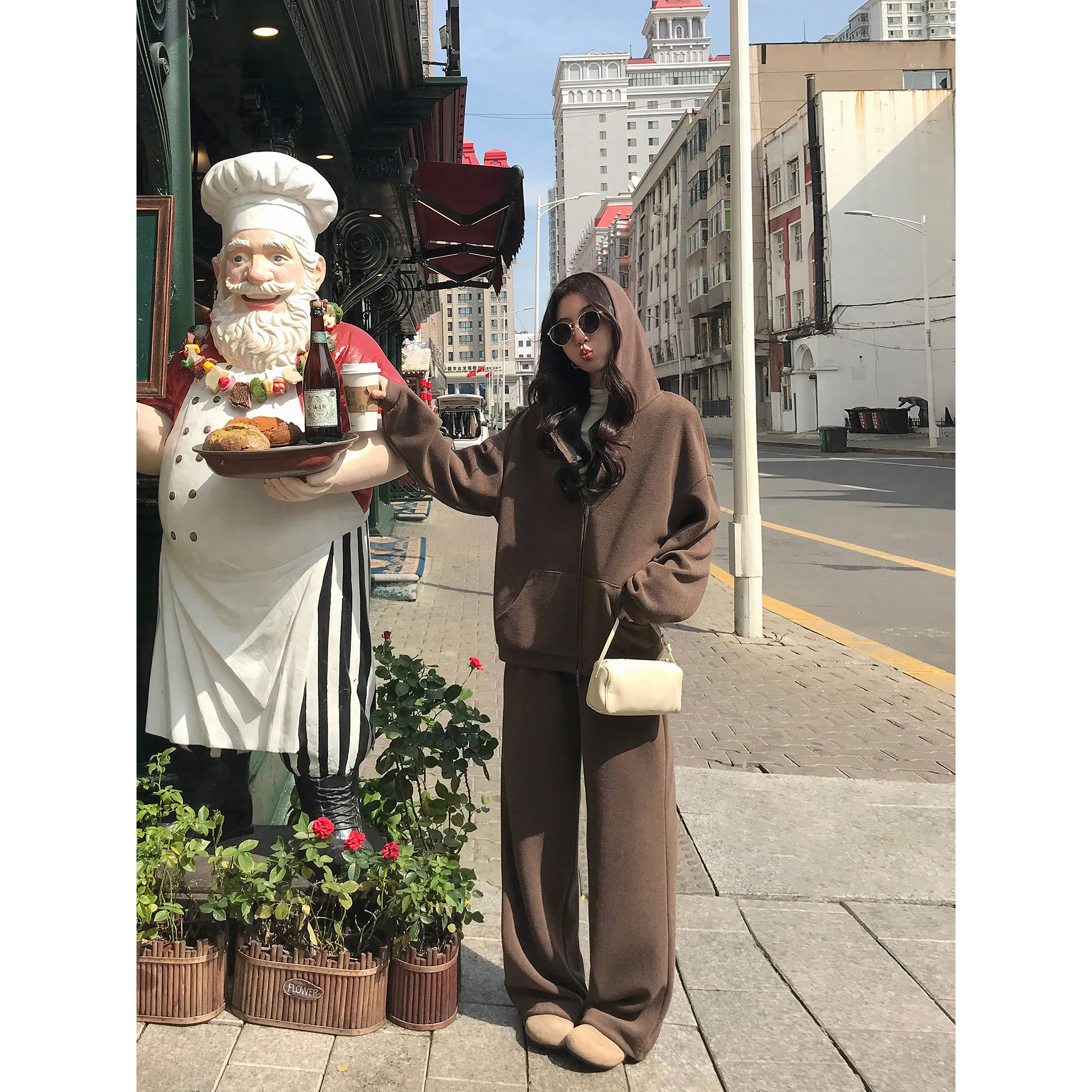 MULVAN 闲适OOTD 慵懒风拉链连帽卫衣外套女宽松休闲卫裤两件套装