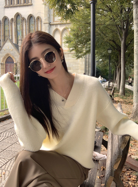 MULVAN灰色宽松V领毛衣女外穿秋冬新款慵懒风套头针织衫上衣