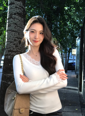 MULVAN 心动降临 蕾丝花边V领针织衫女高级感修身长袖打底上衣