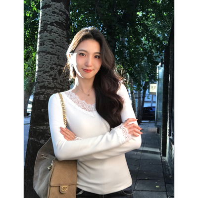 MULVAN 心动降临 蕾丝花边V领针织衫女高级感修身长袖打底上衣