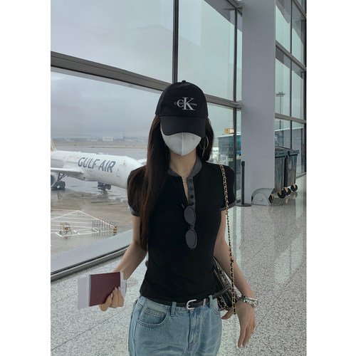 复古撞色亨利领短袖T恤针织上衣