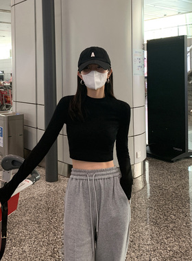 MULVAN 黑色高腰短款打底衫t恤秋冬款韩版修身百搭内搭长袖上衣女