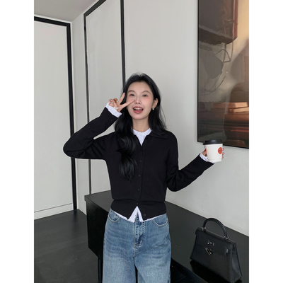 简约翻领毛织开衫休闲外套